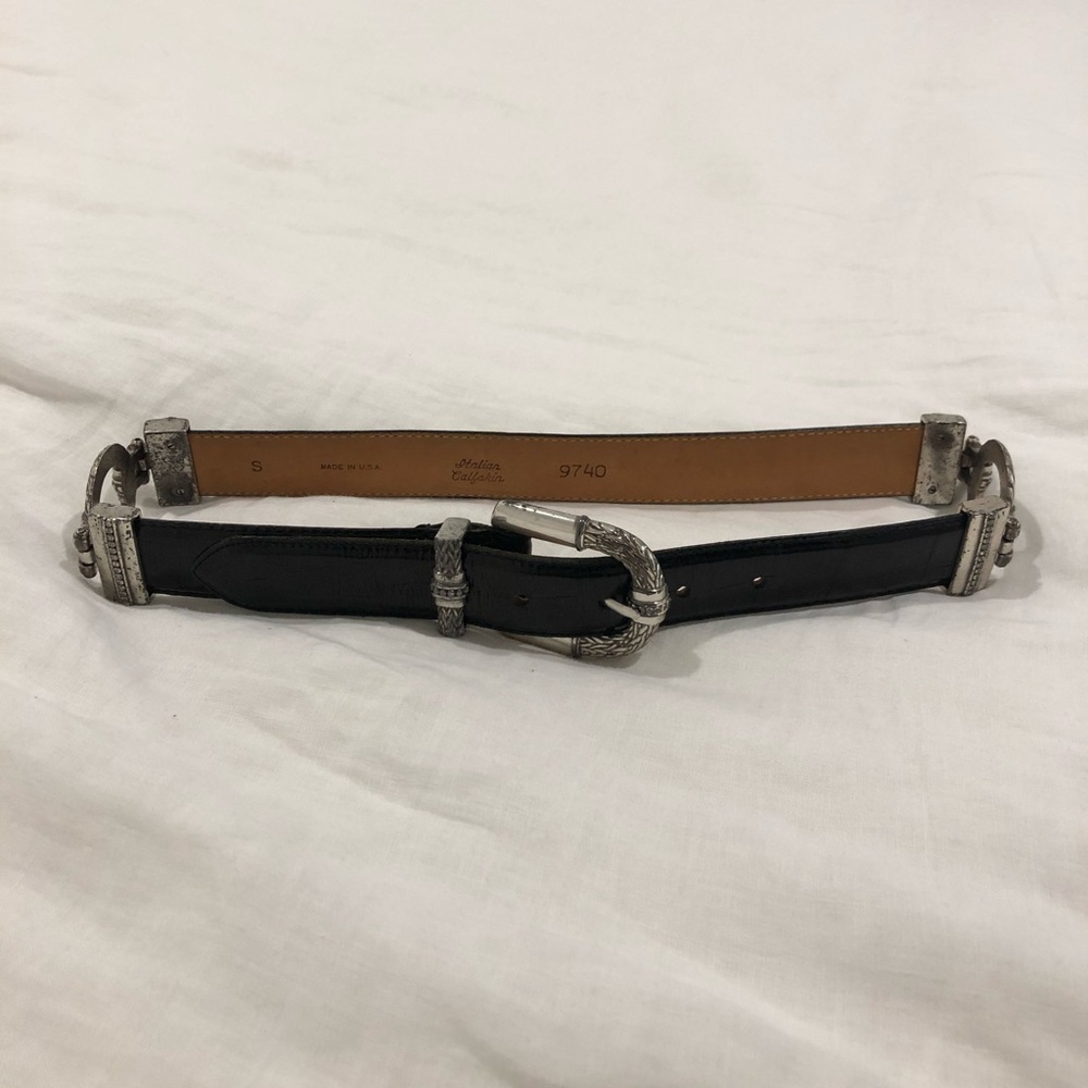 Vintage 1990s Black Leather Belt with Etched Silver